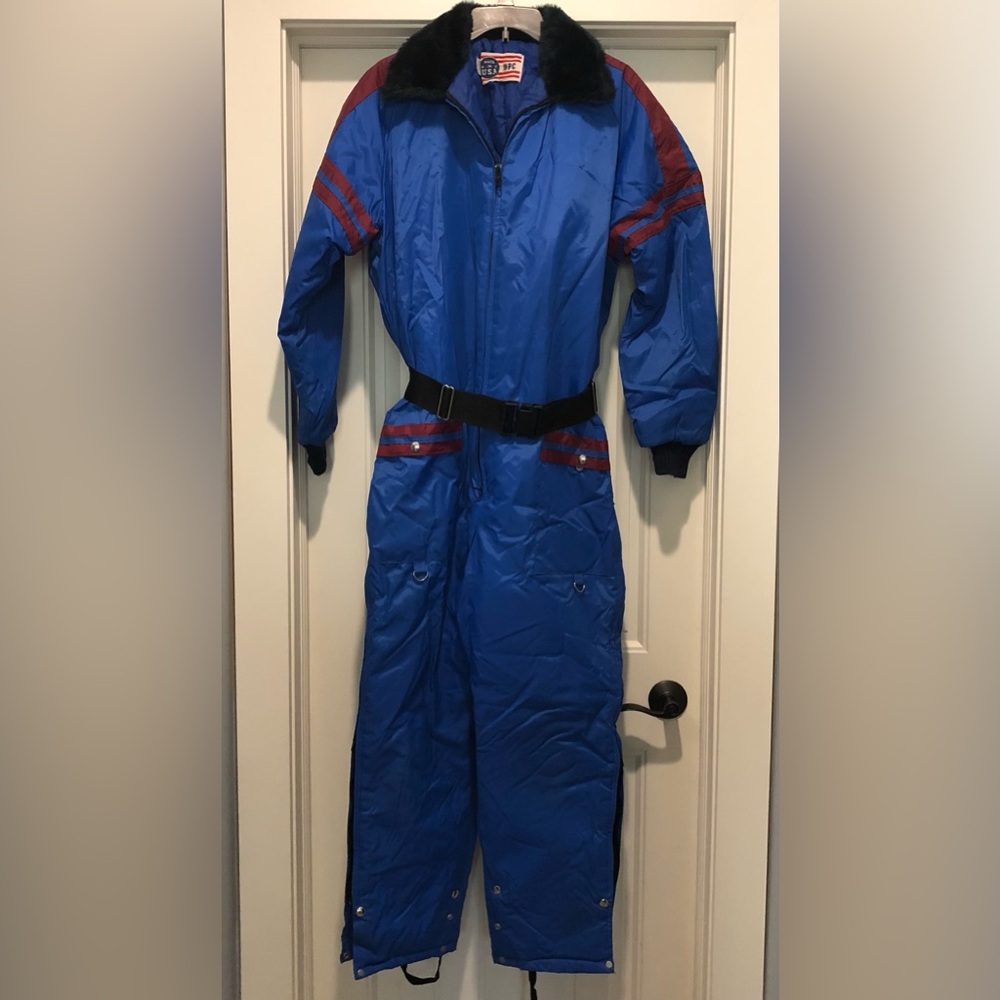 VTG UPC Retro Snowmobile Snow Suit Women’s Medium Blue Belted Made in USA Hood